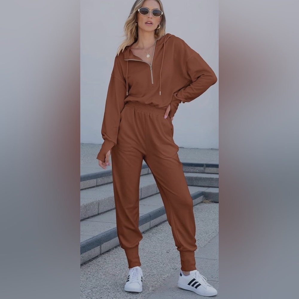 Caracilia Jumpsuit Casual Long Sleeve Zip Jogger Sweatpants One Piece Romper